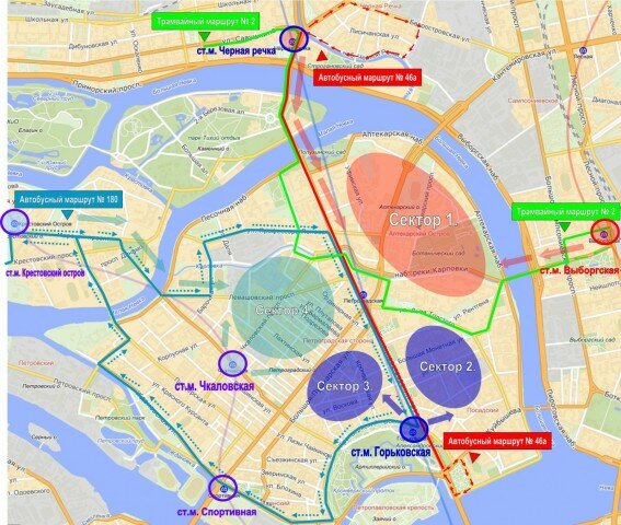 Схема движения наземного транспорта на время закрытия Петроградской